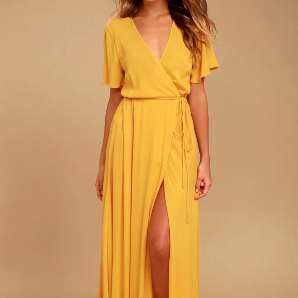 Lulus golden wrap dress floor length